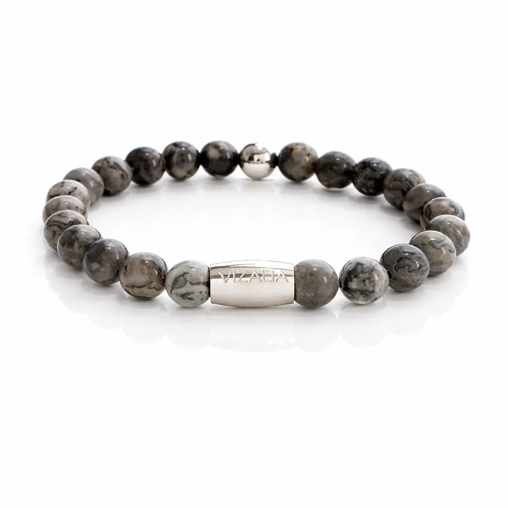 Bracelet perles - Jaspe gris | Argent (17cm)