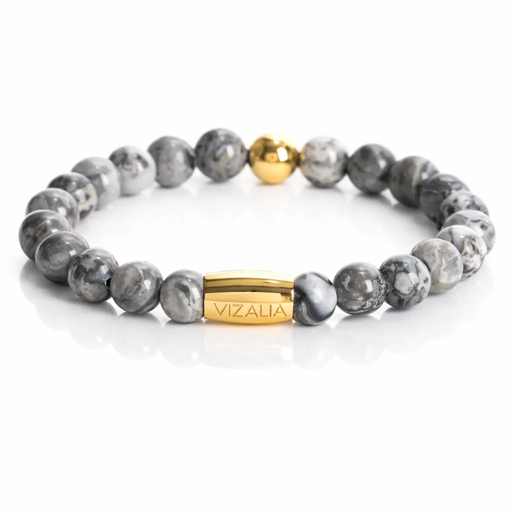 Bracelet perles - Jaspe gris | Or  (17cm)