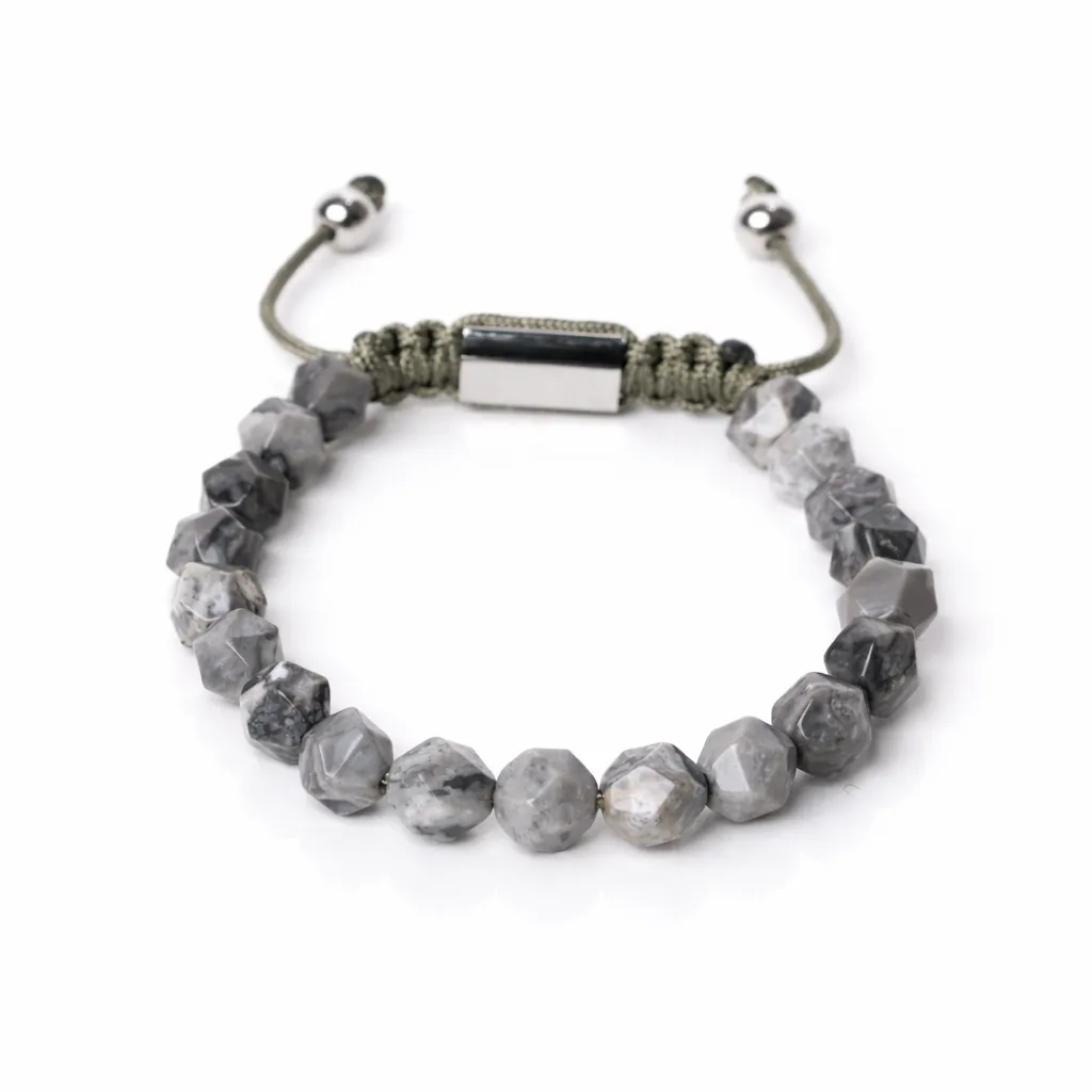 [Facettées - Jaspe gris | Argent] Bracelet Gris naturelles à facette     